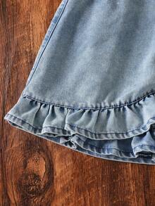 SHEIN Genkimix Kids Young Girl Pleated Casual Versatile Holiday Mini Skirt - Light Wash - View 5