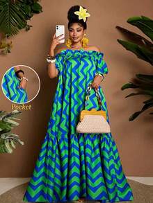 Maweii Đầm trễ vai dáng rộng kẻ sọc lượn sóng dành cho nữ cỡ lớn, thích hợp cho kỳ nghỉ. - Nhiều màu - Xem 1