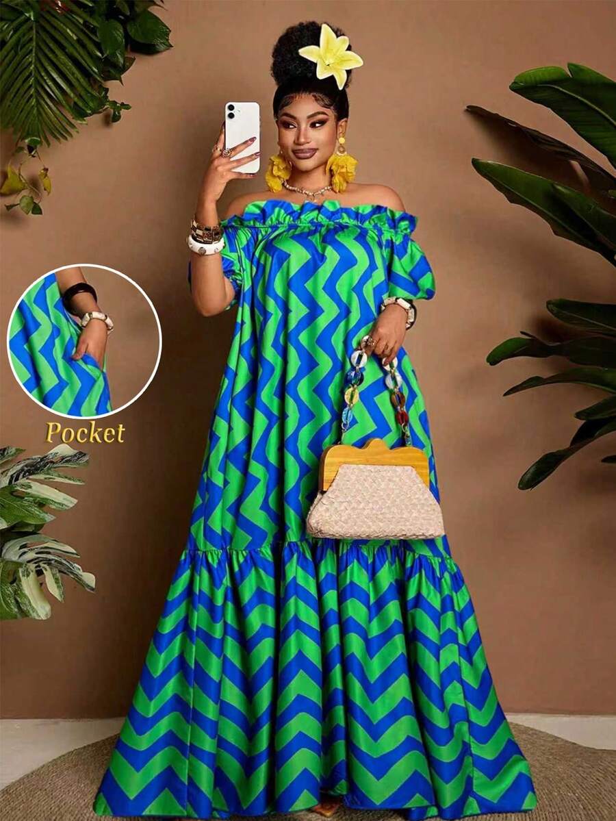 Maweii Đầm trễ vai dáng rộng kẻ sọc lượn sóng dành cho nữ cỡ lớn, thích hợp cho kỳ nghỉ. - Nhiều màu - Xem 1