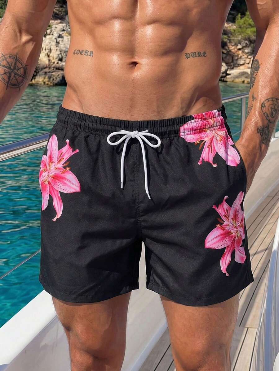 Horizaway Quần short đi biển họa tiết hoa thường ngày cho nam, phong cách Hawaii - màu đen - Xem 1