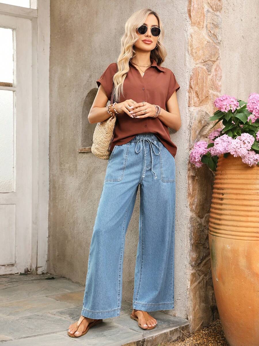 EMERY ROSE Women's Belted Wide Leg Loose Casual Jeans - Light Wash - View 1