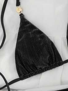 Swim Vcay 女士两件式泳衣套装，性感挂脖系带纹理面料，优雅简约设计，适合海滩度假，春夏皆宜 - 黑色 - 查看 3