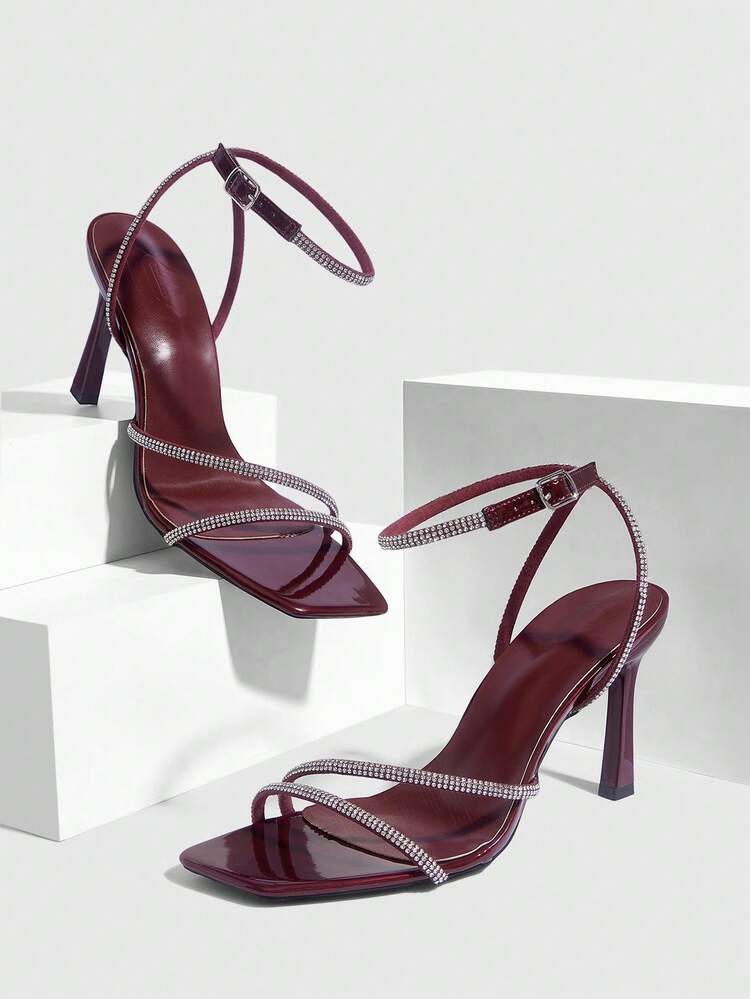 CUCCOO SZL Women Shoes Spring And Summer New Burgundy Rhinestone Belt Ankle Strap Women's High-Heeled Sandals Simple Fashion Comfortable Versatile Sexy Party Women's Sandals Women's Shoes Prom Heels