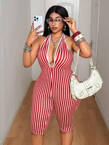 Maweii Plus Size Halter Tie Back Sexy Striped Backless Jumpsuit, Suitable For Beach Vacation - Red - View 2
