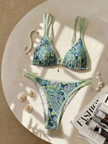 Swim Vcay Plus Size Navy Blue Boho Printed Swimwear Set,Women's Summer Holiday Beach Double-Layer Spaghetti Strap Triangle Cup Backless Top & High Waist Bottom - Multicolor - View 1