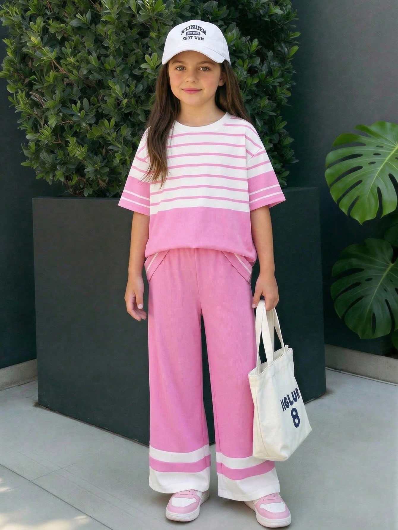 طقم تي شيرت مخطط عادي وبنطلون فضفاض مصنوع من الأنس...