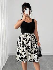 Elenzga Plus Size Women Plant Print Round Neck Sleeveless Casual Dress - Black and White - View 1