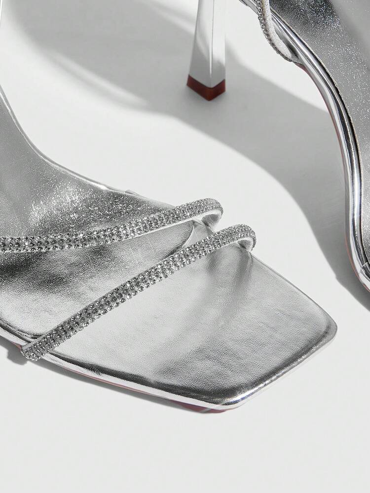 CUCCOO SZL Women Shoes Spring And Summer New Silver Rhinestone Belt Ankle Strap Women's High-Heeled Sandals Simple Fashion Comfortable Versatile Sexy Party Women's Sandals Women's Shoes Prom Heels