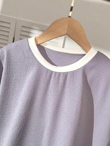 Tween Girls Casual All-Match Versatile Daily Wear Black & White Contrast Trim Round Neck Raglan Sleeve T-Shirt + Straight Leg Knit Pants Set - Purple - View 5