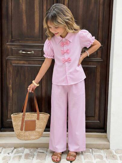 SHEIN Set de 2 piezas: Camisa blanca con mangas abullonadas y moño de colores + Pantalones morados anchos y sueltos para niñas, uso casual y de vacaciones, verano