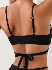 SHEIN Swim Conjunto de bikini para mujer de unicolor con tiras cruzadas separado, para playa de verano - Negro - Ver 5