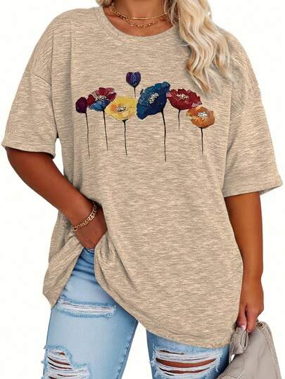 EMERY ROSE Große Größen Vintage Blume Muster Lässig Loose Midi Kurzarm Rundhals T-Shirt für Damen