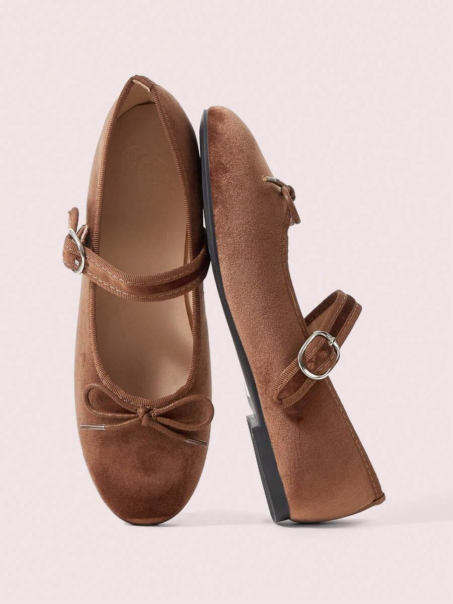 CUCCOO DOLLMOD Ladies Brown Round Toe Bow Decoration With Buckle Flat Sole Shoes Upper Velvet Material Suitable For Daily Commuting Birthday Parties - Brown - View 1