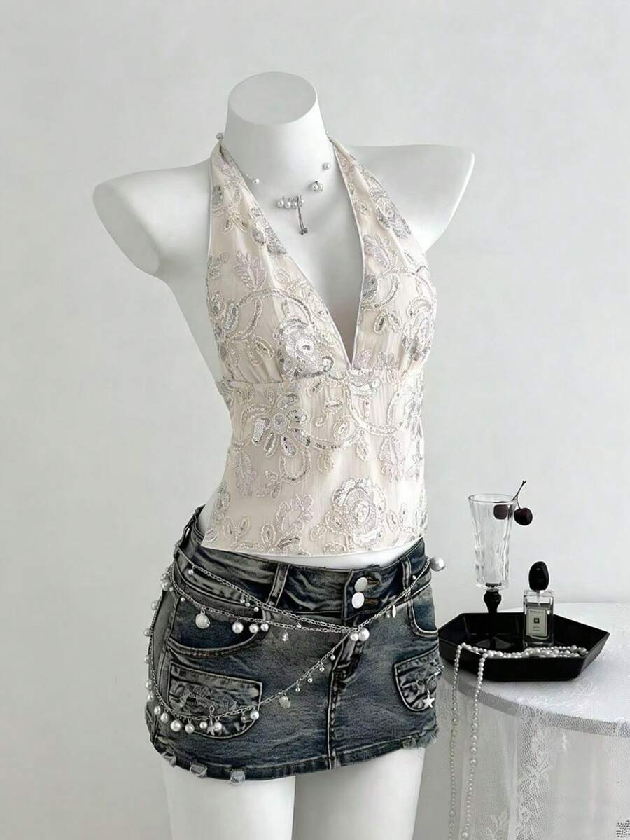 Elamini Sexy Backless Sequin Embroidered Halter Tank Top, Fashionable Summer Vacation Style - Silver - View 1