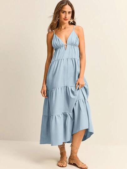 Daynim Vestido Camiseta com Babado Recortado na Frente