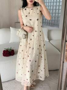 Feyla Đầm nữ cổ tròn in hoa, không tay, dáng dài ngang gối - Nhiều màu - Xem 7