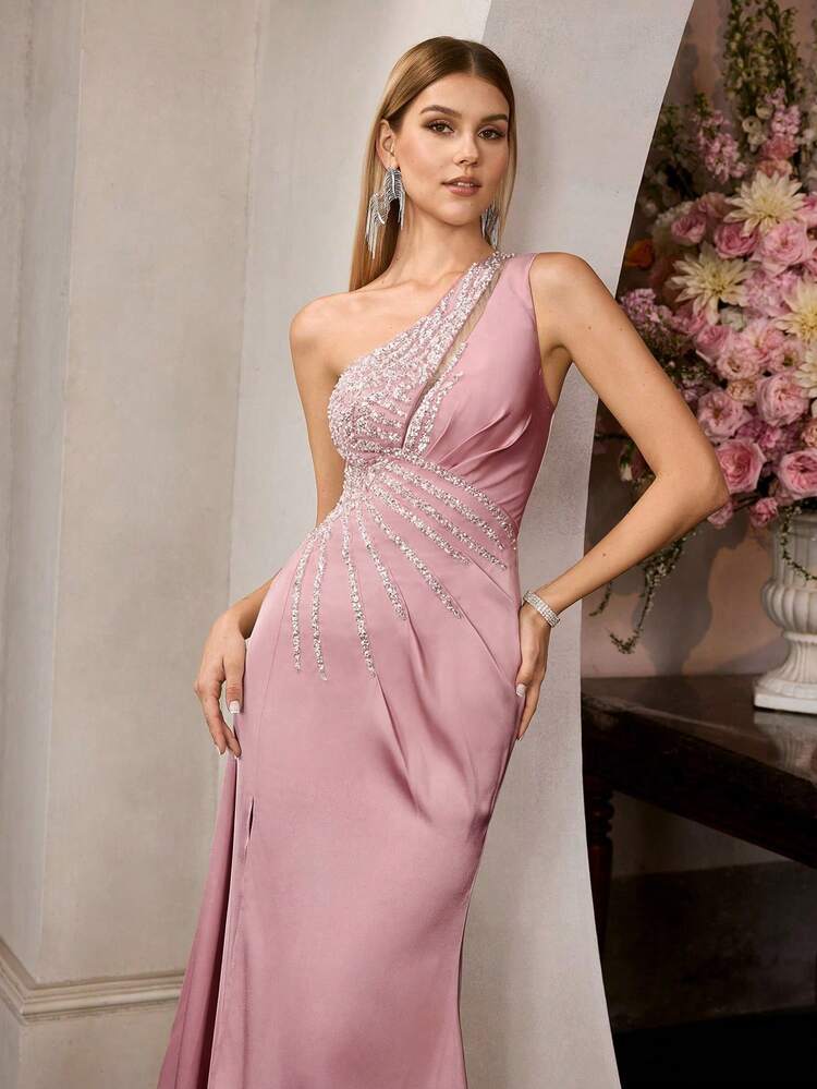 MOTF Soiréza WOMEN'S ELEGANT FORM-FITTING SLEEVELESS ASYMMETRICAL NECK SATIN MAXI PARTY GOWN – BEADED EMBELLISHMENTS, HIGH-SLIT MERMAID HEM & ASYMMETRIC DRAP SIDE | PERFECT FOR WEDDINGS, GALAS & FORMAL EVENINGS