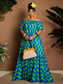 Maweii Đầm trễ vai dáng rộng kẻ sọc lượn sóng dành cho nữ cỡ lớn, thích hợp cho kỳ nghỉ. - Nhiều màu - Xem 6