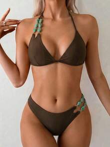 Swim Chiccia Elegante traje de baño de dos piezas con parte superior triangular y Bottom en tela brillante de unicolor - Café integral - Ver 1