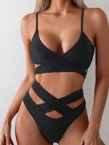 Swim Basics 纯色细肩带比基尼套装，配有分离式后绑带泳装细肩带比基尼套装上衣和交叉肩带三角形下装，适合海滩泳池穿着，夏季，度假细肩带比基尼套装夏季海滩 - 黑色 - 查看 4