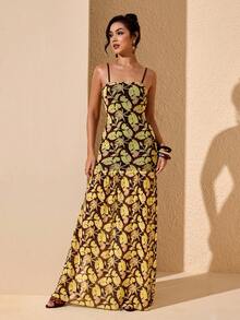 JIAN LASALA 全身印花网纱吊带无袖女士夏季开衩长裙度假 - 彩色 - 查看 4