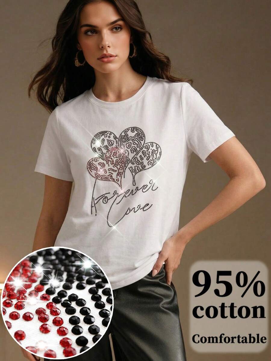 Anewsta Women's Elegant Casual Fashionable Rhinestone Embellished T-Shirt, Suitable For Commuting - White - View 1