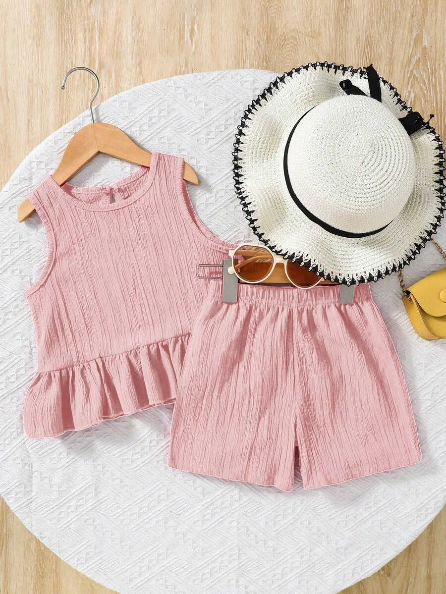 SHEIN 2 pezzi Set di top senza maniche a girocollo e pantaloncini larghi in tinta unita per ragazze giovani - Rosa - Visualizzare 1