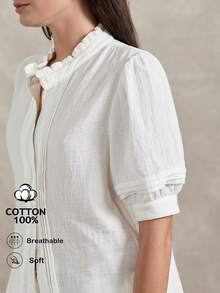 Briarwyn Áo sơ mi nữ tay ngắn cổ đứng màu trơn, cài một hàng khuy, kiểu dáng thường ngày đa năng, chất liệu vải lanh, áo cotton, áo kiểu cotton, đầm cài khuy, bộ áo sơ mi nữ, áo sơ mi trắng cài khuy, trang phục mùa hè, trang phục mùa xuân, trang phục nghỉ hè, ngày lễ tình nhân, ngày lễ Thánh Patrick, trang phục đi biển, trang phục đi chơi, áo trắng. - trắng - Xem 5