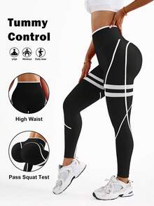 Dewbera 女士条纹高腰休闲健身紧身裤 - 黑色 - 查看 2