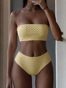 Swim Mod 2026 Spring/Summer Yellow Base Brown Polka Dot & Striped Reversible Design Backside Drawstring Side High Cut Women Bikini Swimwear - Multicolor - View 9