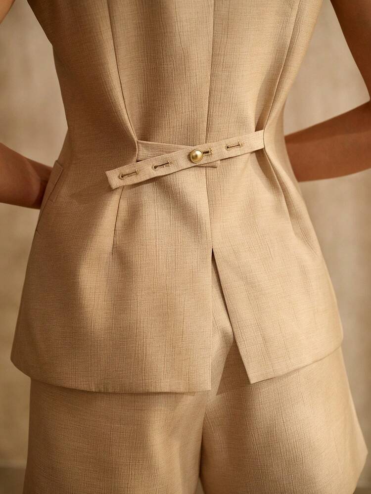 2PCS WOMEN'S KHAKI COMMUTER STYLISH & ELEGANT TOP & SHORTS SET