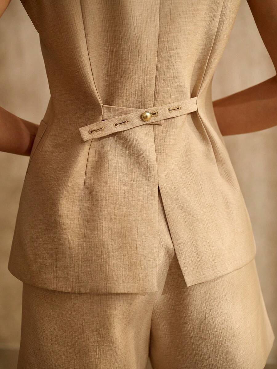 MOTF PREMIUM 2PCS WOMEN'S KHAKI COMMUTER STYLISH & ELEGANT TOP & SHORTS SET - Khaki - View 2