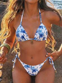 Swim Vcay Bộ bikini nữ gồm dây chuyền in họa tiết ngẫu nhiên, trang sức kim loại, thích hợp cho mùa xuân/hè. - Nhiều màu - Xem 1