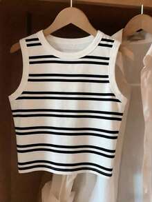 Resyla Women's Spring/Summer New Arrival Striped Print Pattern Round Neck Fitted Casual Tank Top - Multicolor - View 3
