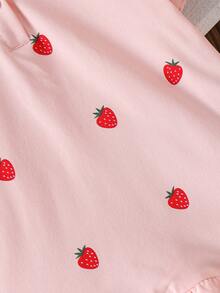 SHEIN Playful Pals 女嬰休閒草莓印花荷葉邊裙襬 Polo 領短袖洋裝，可愛夏季生日戶外玩樂穿搭，粉色與紅色幼童洋裝 - 粉色 - 查看 6