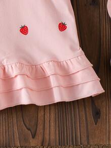 SHEIN Playful Pals 女嬰休閒草莓印花荷葉邊裙襬 Polo 領短袖洋裝，可愛夏季生日戶外玩樂穿搭，粉色與紅色幼童洋裝 - 粉色 - 查看 7