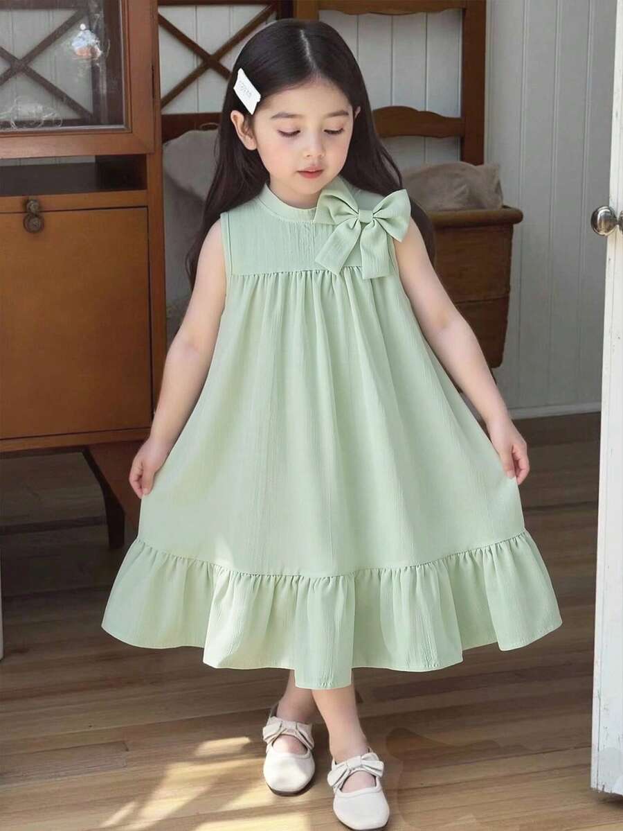 Elladie kids 女童休闲宽松纯色无袖连衣裙,优雅度假风 - 綠色 - 查看 1
