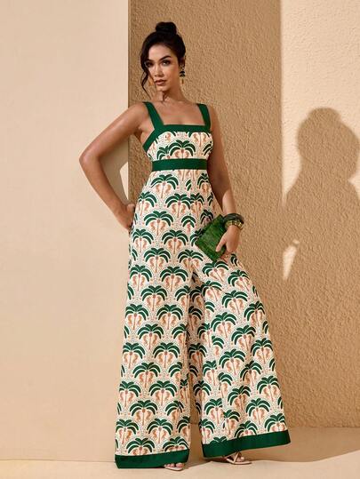 JIAN LASALA All-Over Summer Tropical Print Contrast Binding Wide-Leg Women Casual Jumpsuit Vacation Boho