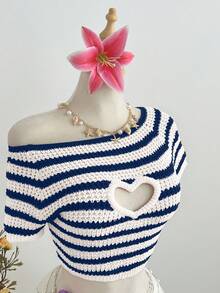 Elamini Women's Colorful Striped Hollow Heart Knit Pullover Top, Fashionable Versatile Beach/Vacation Wear, Suitable For Spring And Summer - Multicolor - View 1