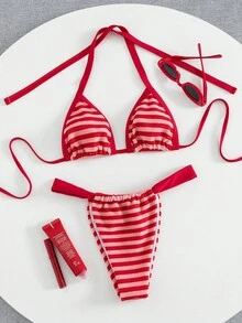 Swim Mod Bộ 2 món bikini gợi cảm, thanh lịch, chất liệu vải có họa tiết, kiểu cổ yếm, thích hợp cho bãi biển và tiệc bể bơi. - Đỏ - Xem 1