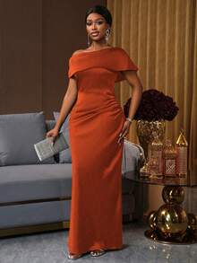 SHEIN Lunessa Đầm maxi xếp ly màu nâu satin trễ vai dành cho nữ - trái cam - Xem 4