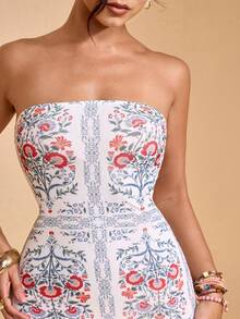 JIAN LASALA All-Over Print Mesh Off-Shoulder Sleeveless Bodycon Women Long Dress With Slits Summer Vacation Golf White Sexy - Multicolor - View 7