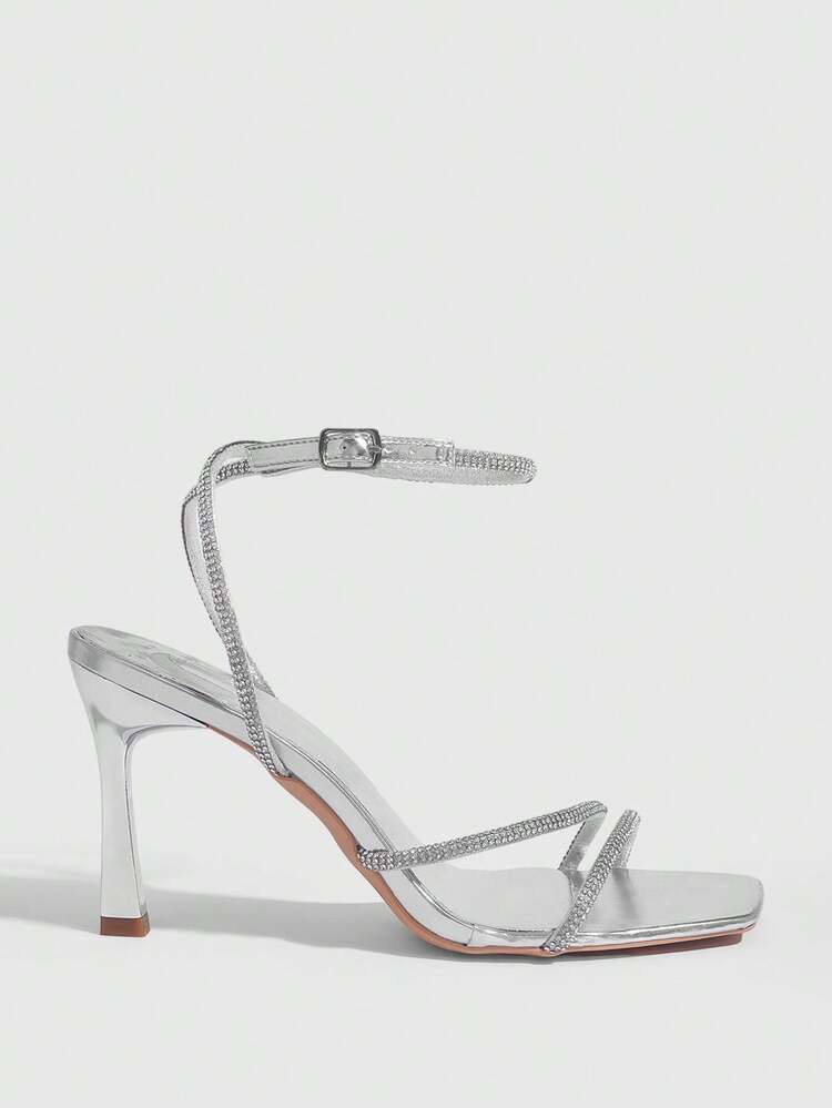 CUCCOO SZL Women Shoes Spring And Summer New Silver Rhinestone Belt Ankle Strap Women's High-Heeled Sandals Simple Fashion Comfortable Versatile Sexy Party Women's Sandals Women's Shoes Prom Heels