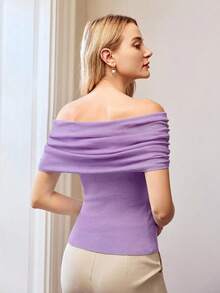 MOTF PREMIUM OFF-SHOULDER RUCHED FITTED SHORT SLEEVE KNIT TOP - Violet Purple - View 7