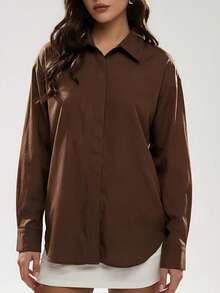 SHEIN Unity Fashionable Versatile Casual Solid Color Polo Shirt - Brown - View 1