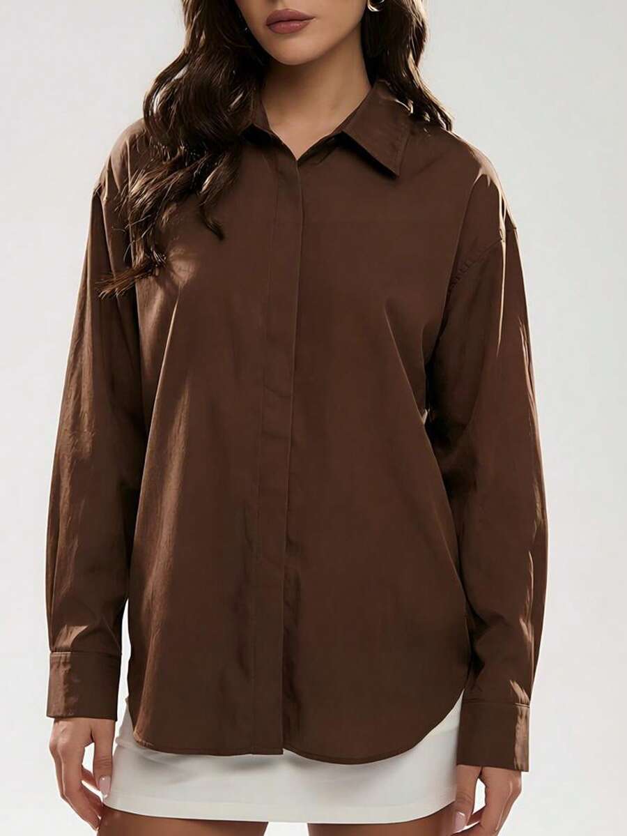 SHEIN Unity Fashionable Versatile Casual Solid Color Polo Shirt - Brown - View 1