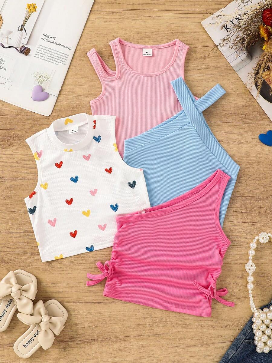 Set de 4 piezas de camisetas de tirantes de punto de unicolor con diseño de corazón para niña - Rosa - Ver 1