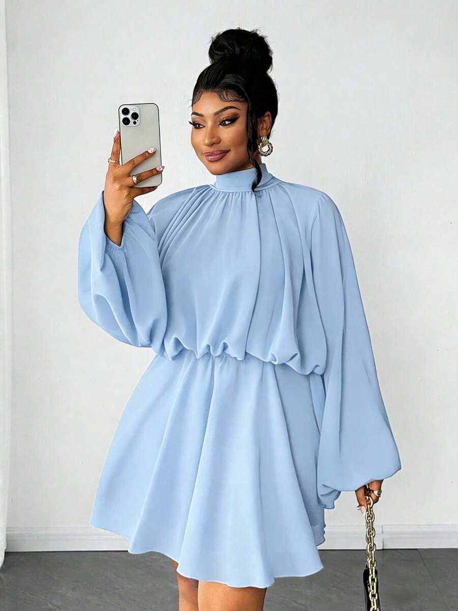 Maweii Plus Size Women Solid Color Pleated Collar Fashion Date Party Dress - Mint Blue - View 1