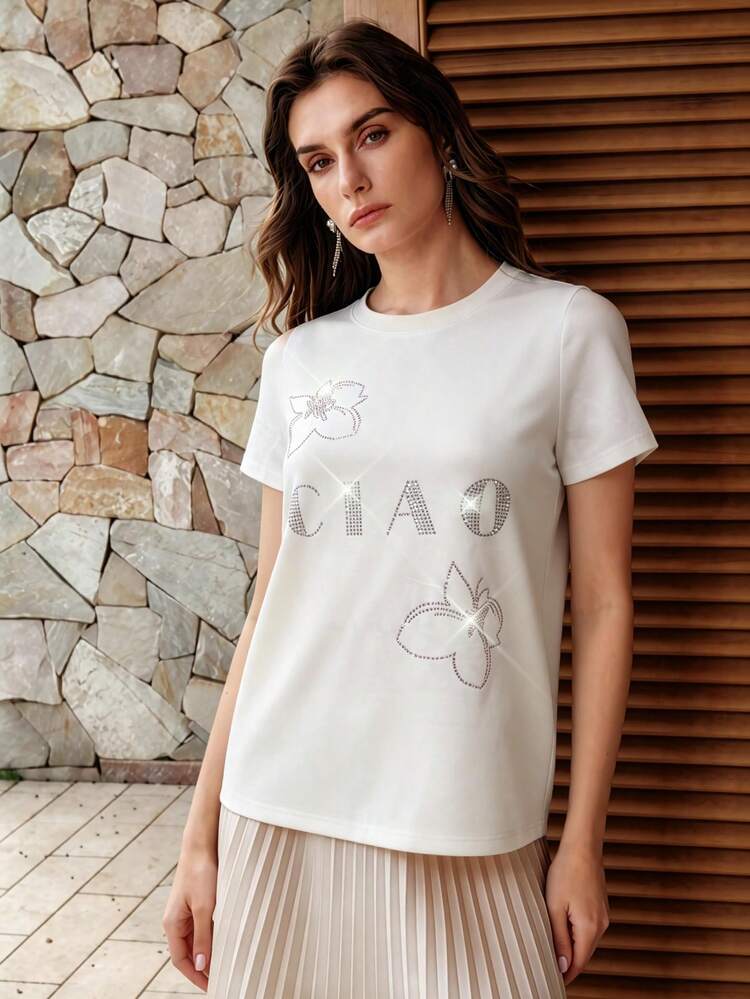 Summer Casual Floral & Letter Rhinestone Embellished Short Sleeve T-Shirt