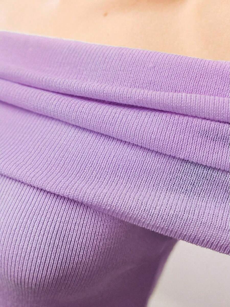MOTF PREMIUM OFF-SHOULDER RUCHED FITTED SHORT SLEEVE KNIT TOP - Violet Purple - View 2